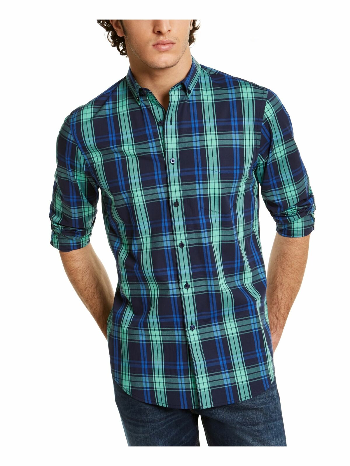 Camisa xadrez elástica de desempenho de secagem rápida de ajuste regular masculina Club Room, tamanho verde GG