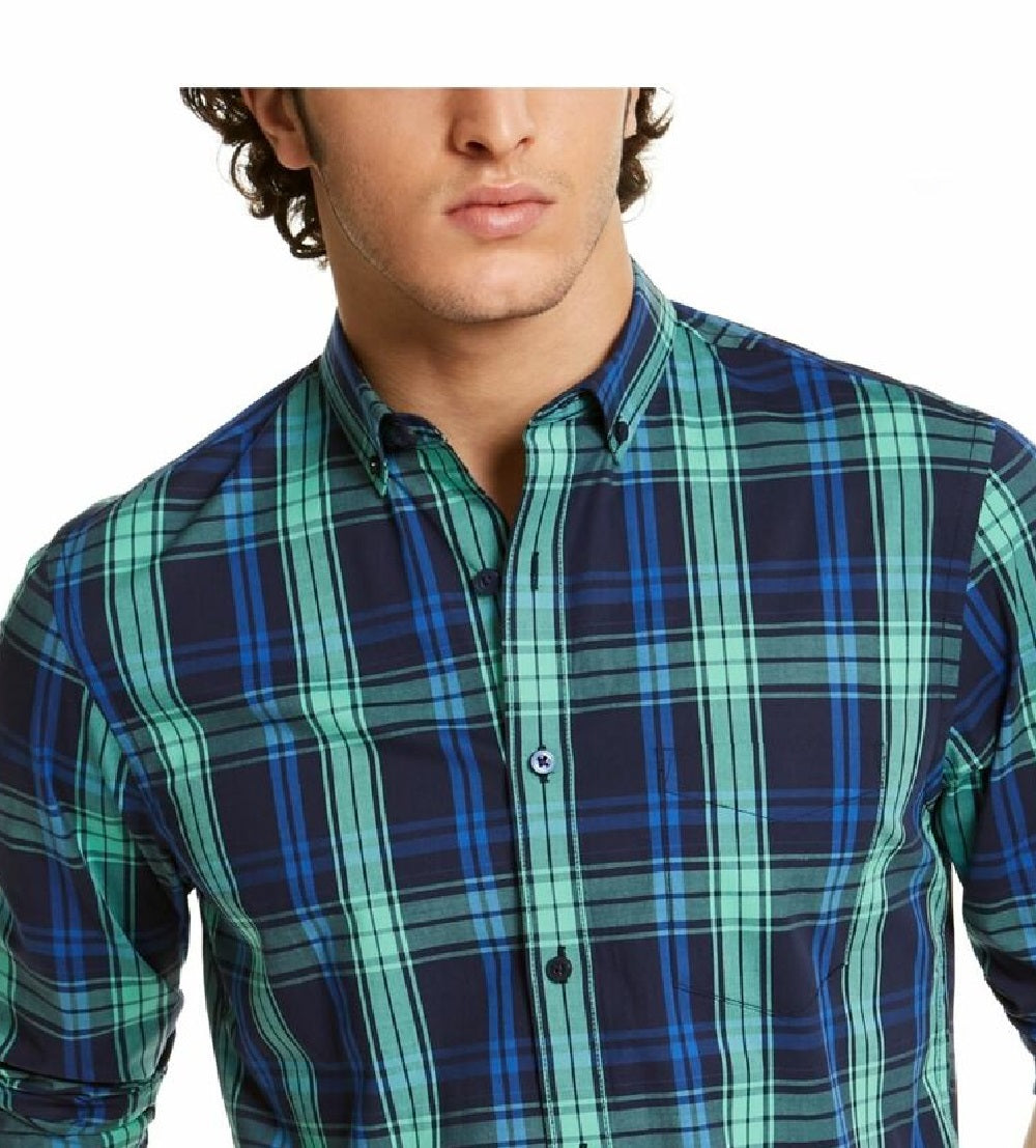 Camisa xadrez elástica de desempenho de secagem rápida de ajuste regular masculina Club Room, tamanho verde GG