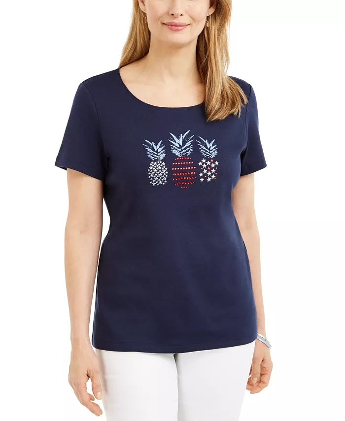 Karen Scott Top feminino de algodão com detalhes em abacaxi, azul-marinho, tamanho XX-G