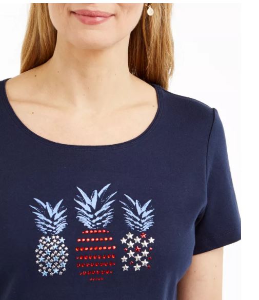 Karen Scott Top feminino de algodão com detalhes em abacaxi, azul-marinho, tamanho XX-G
