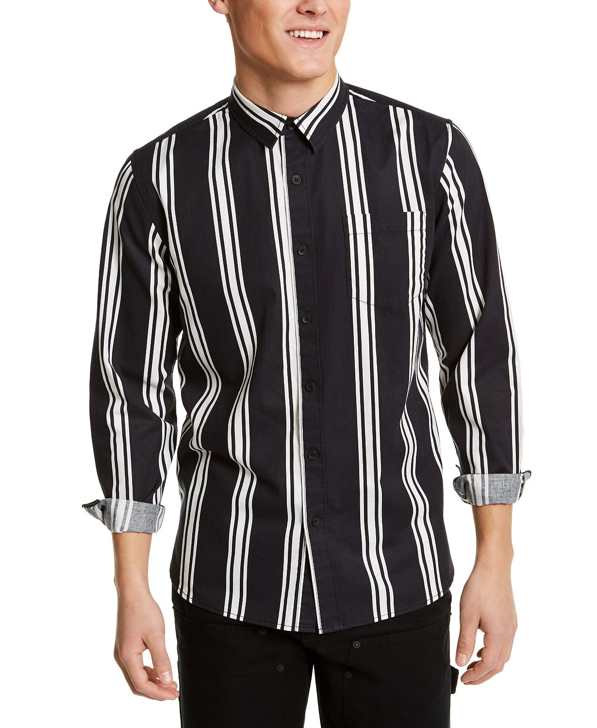 Camisa listrada vertical masculina Sun + Stone preta tamanho grande