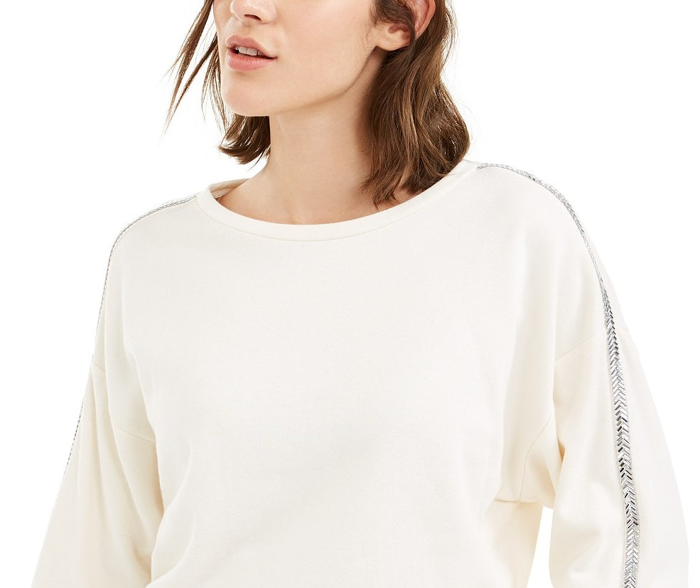 Moletom listrado feminino Bar III Shine, branco, tamanho grande