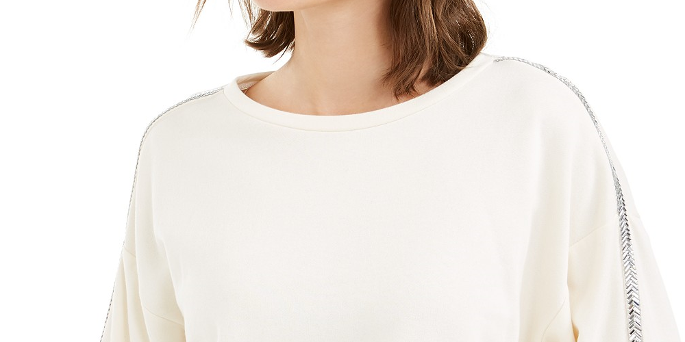 Moletom listrado feminino Bar III Shine, branco, tamanho médio