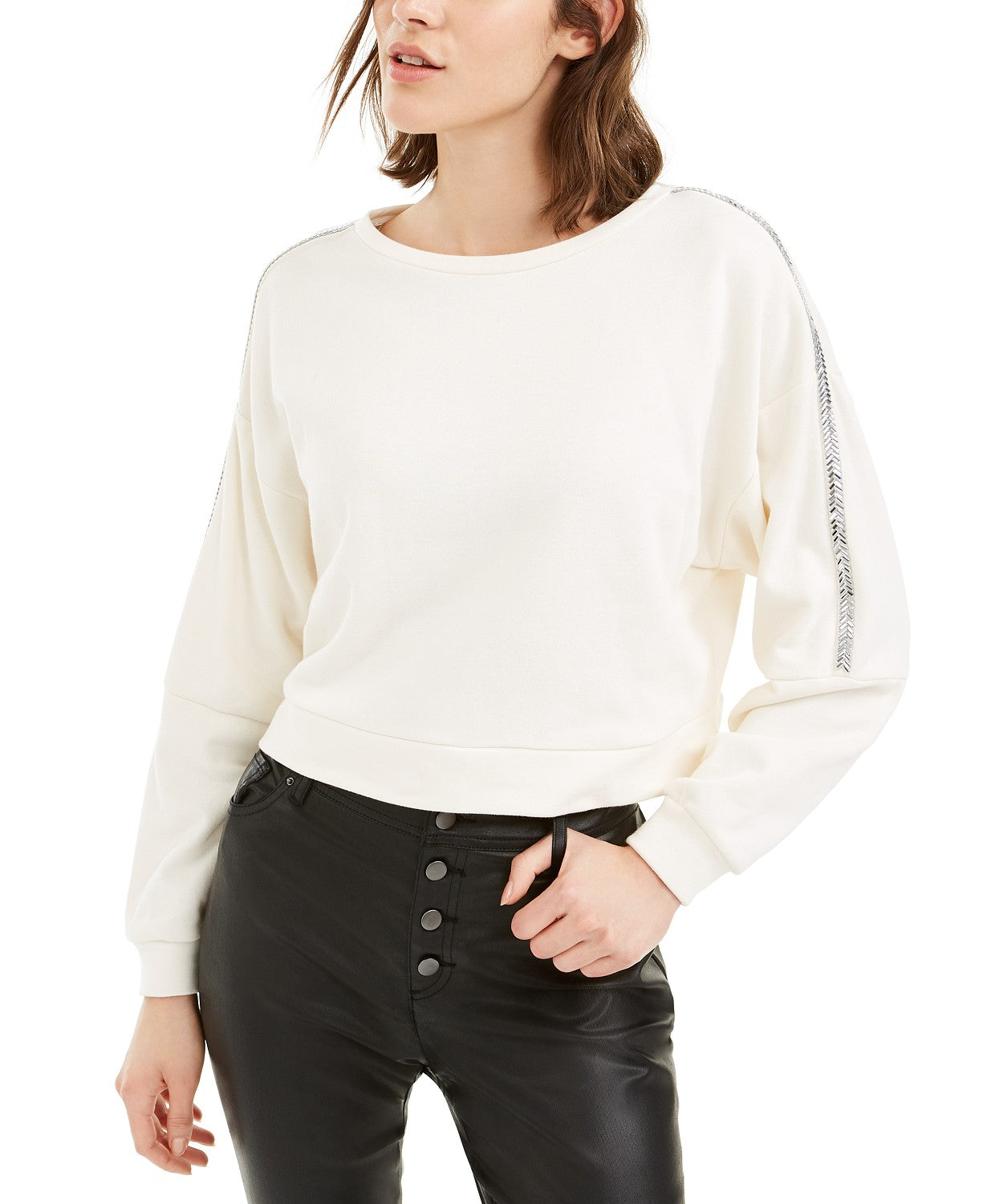 Moletom listrado feminino Bar III Shine, branco, tamanho pequeno