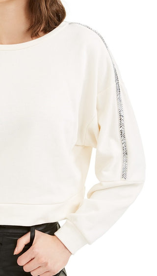 Moletom listrado feminino Bar III Shine, branco, tamanho pequeno