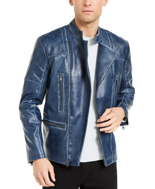 Jaqueta de couro sintético Braxton Motociclista masculina da INC International Concepts, azul escuro, tamanho médio