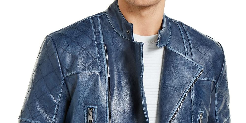 Jaqueta de couro sintético Braxton Motociclista masculina da INC International Concepts, azul escuro, tamanho médio