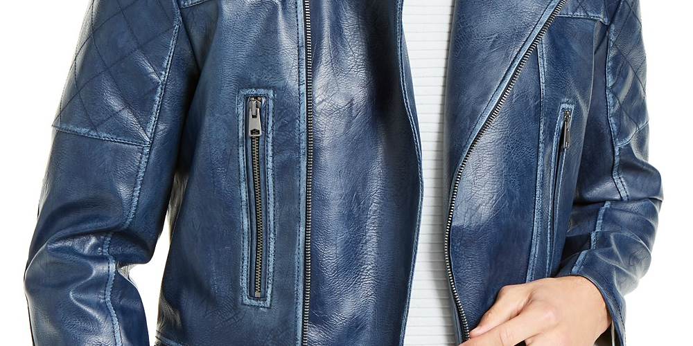 Jaqueta de couro sintético Braxton Motociclista masculina da INC International Concepts, azul escuro, tamanho médio