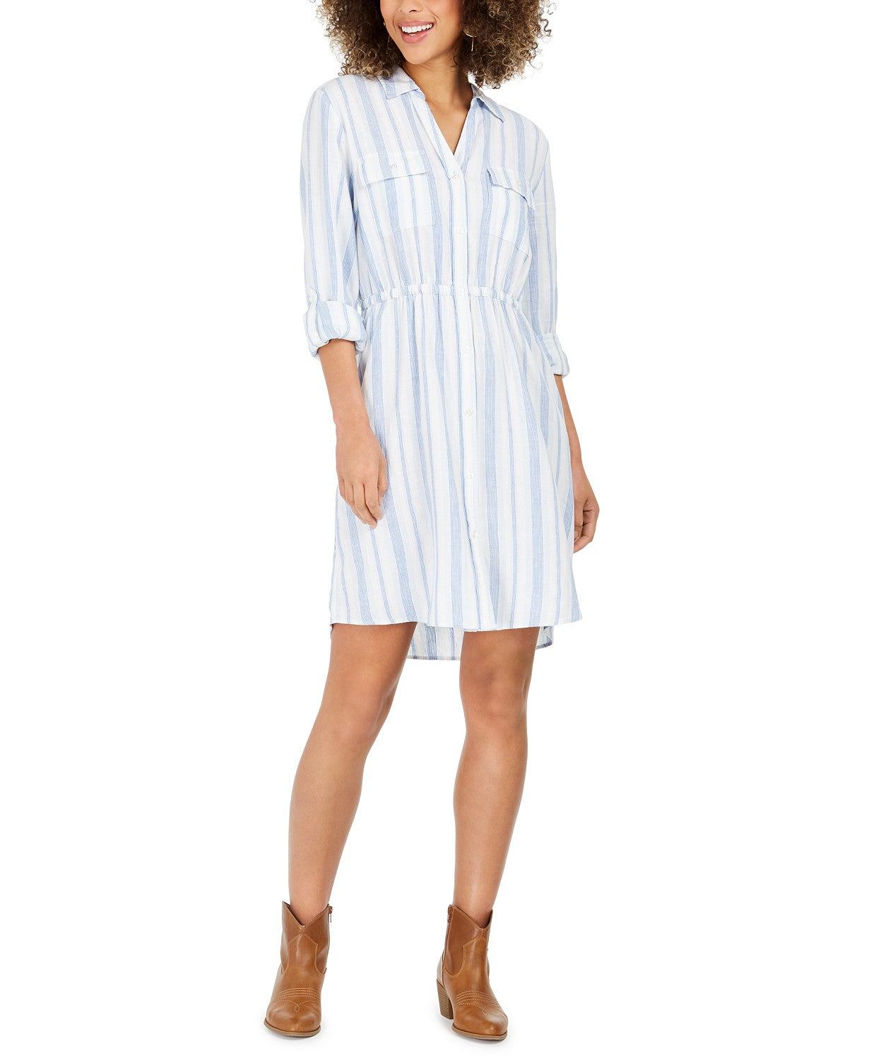 Vestido-camisa listrado com botões frontais e mistura de linho estilo &amp; co feminino, azul, tamanho grande