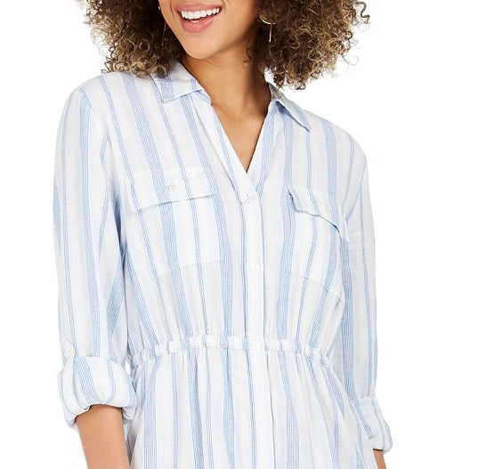 Vestido-camisa listrado com botões frontais e mistura de linho estilo &amp; co feminino, azul, tamanho grande
