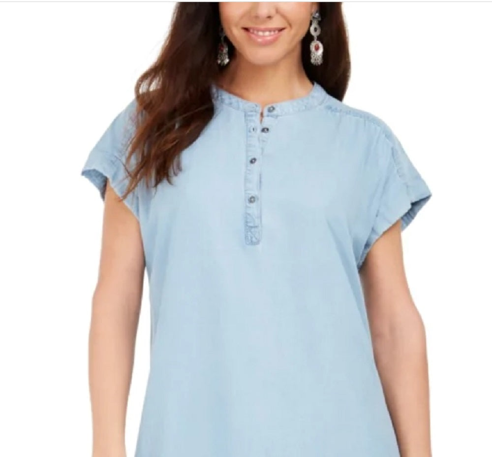 Vestido de camisa feminino estilo &amp; co, estilo chambray, alto e baixo, azul marinho, tamanho pequeno