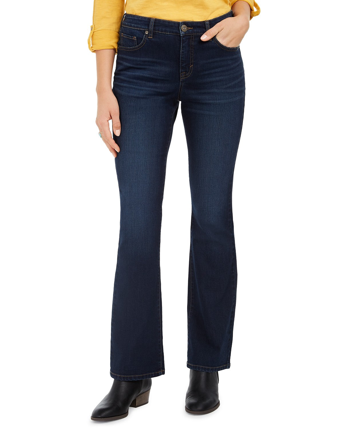 Calça jeans feminina estilo bota curvilínea azul tamanho 6