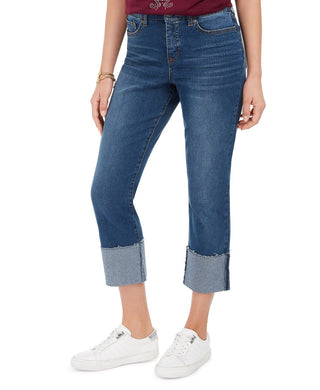 Calça jeans feminina estilo &amp; co, cintura alta, reta, azul, tamanho 2