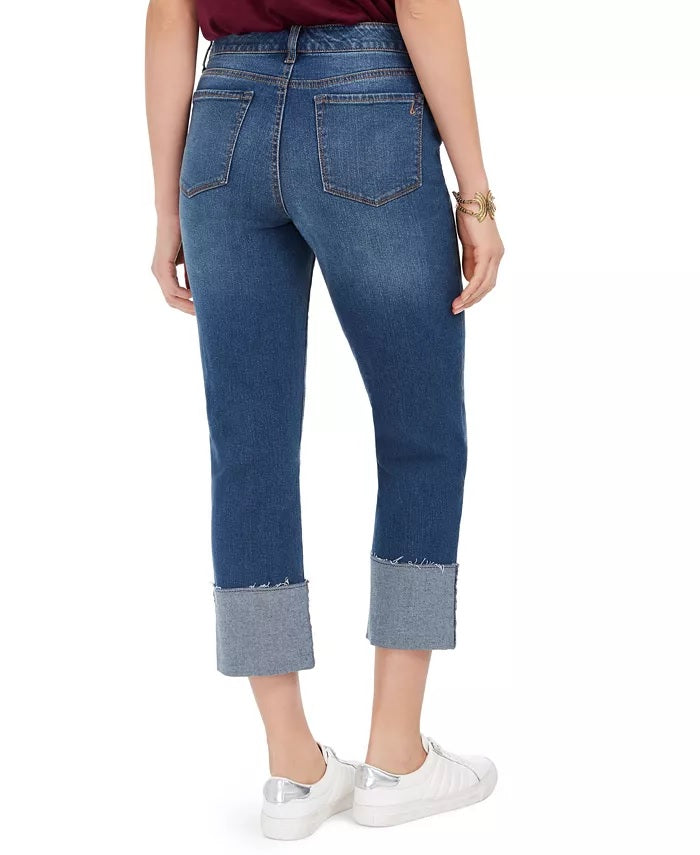 Calça jeans feminina estilo &amp; co, cintura alta, reta, azul, tamanho 2