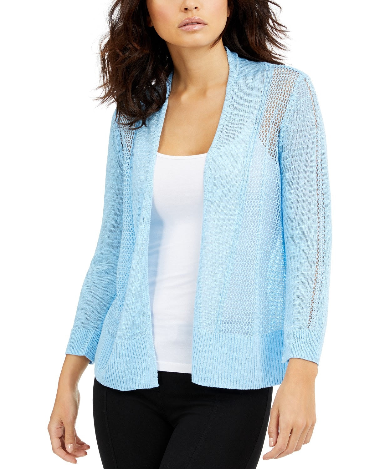 Cardigan Alfani Feminino de Linho Misto com Frente Aberta e Ponto Misto, Azul, Tamanho Extra Grande