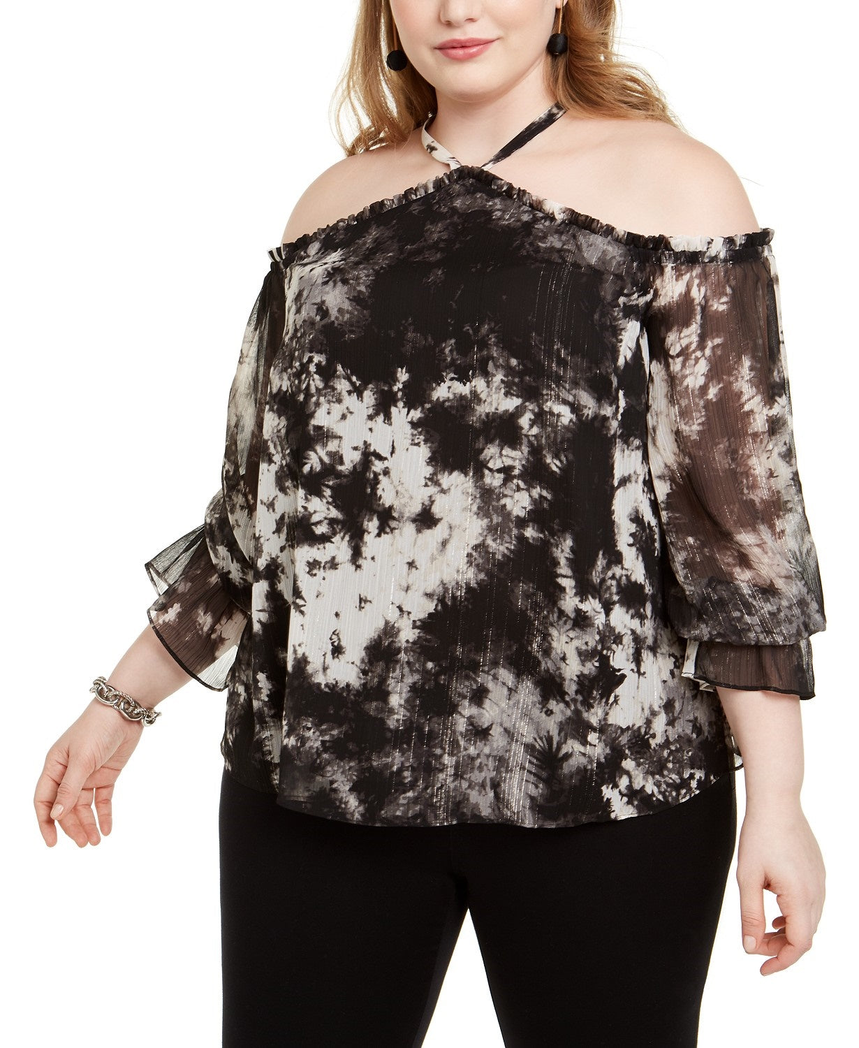 INC International Concepts Top feminino plus size com estampa tie-dye e ombros descobertos, preto, tamanho 1 extra