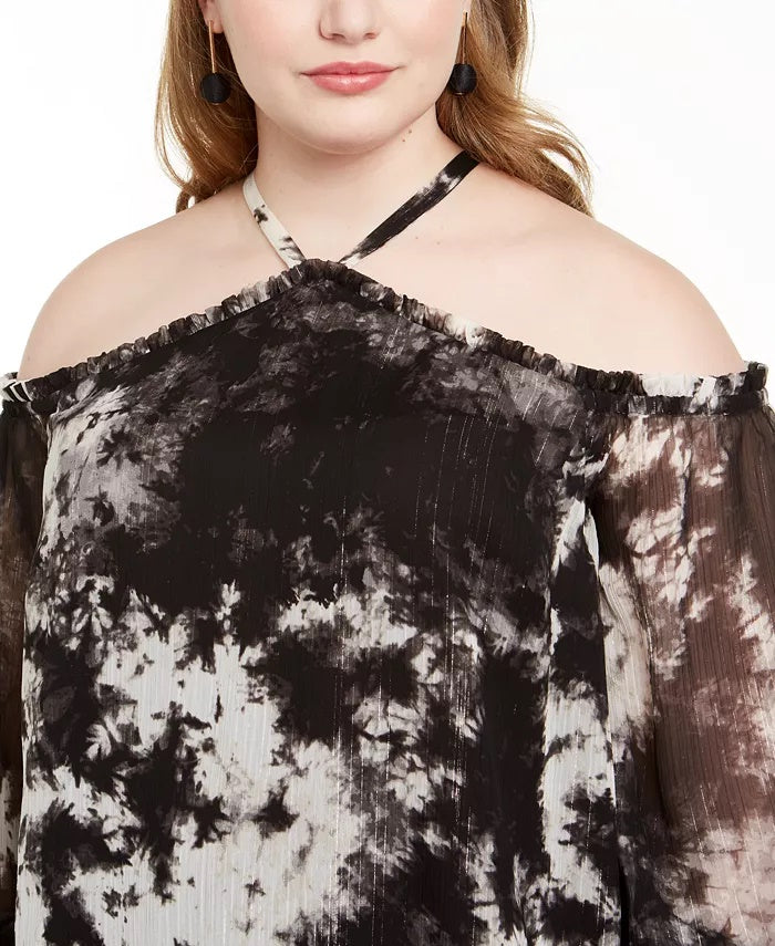 INC International Concepts Top feminino plus size com estampa tie-dye e ombros descobertos, preto, tamanho 1 extra