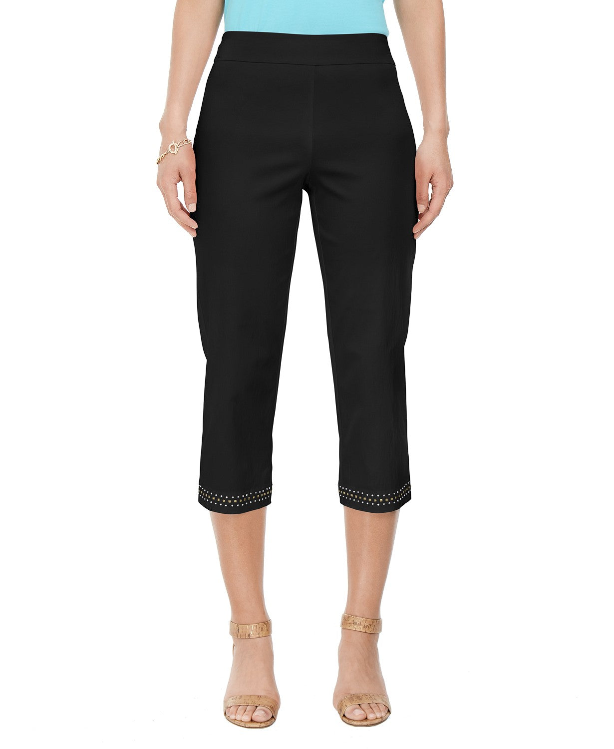 Calça capri feminina com bainha reta e detalhes embelezados, preta, tamanho extra pequeno