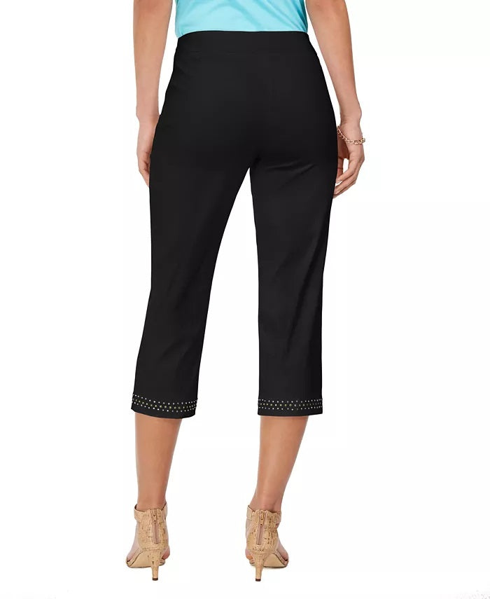 Calça capri feminina com bainha reta e detalhes embelezados, preta, tamanho extra pequeno