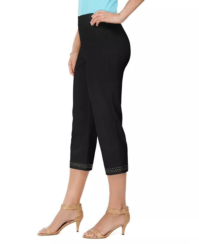 Calça capri feminina com bainha reta e detalhes embelezados, preta, tamanho extra pequeno