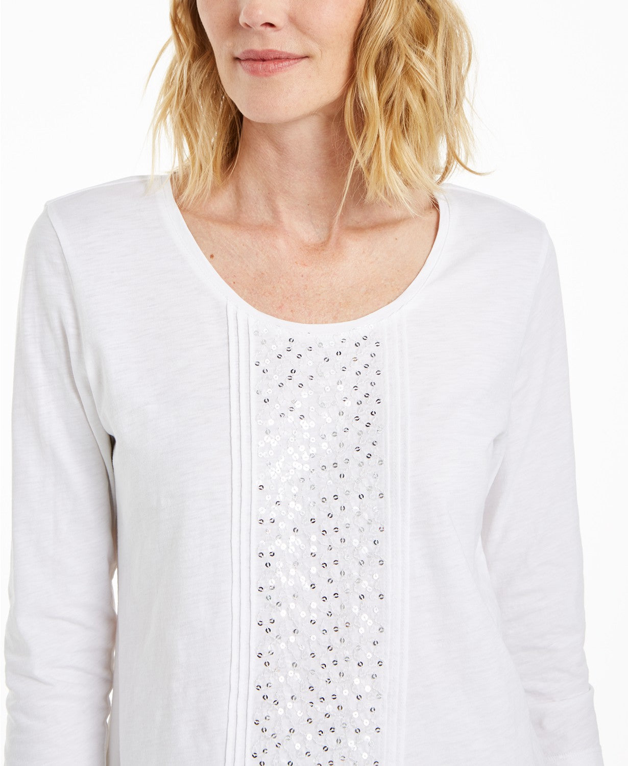 JM Collection Top feminino com decote redondo e lantejoulas, branco, tamanho médio