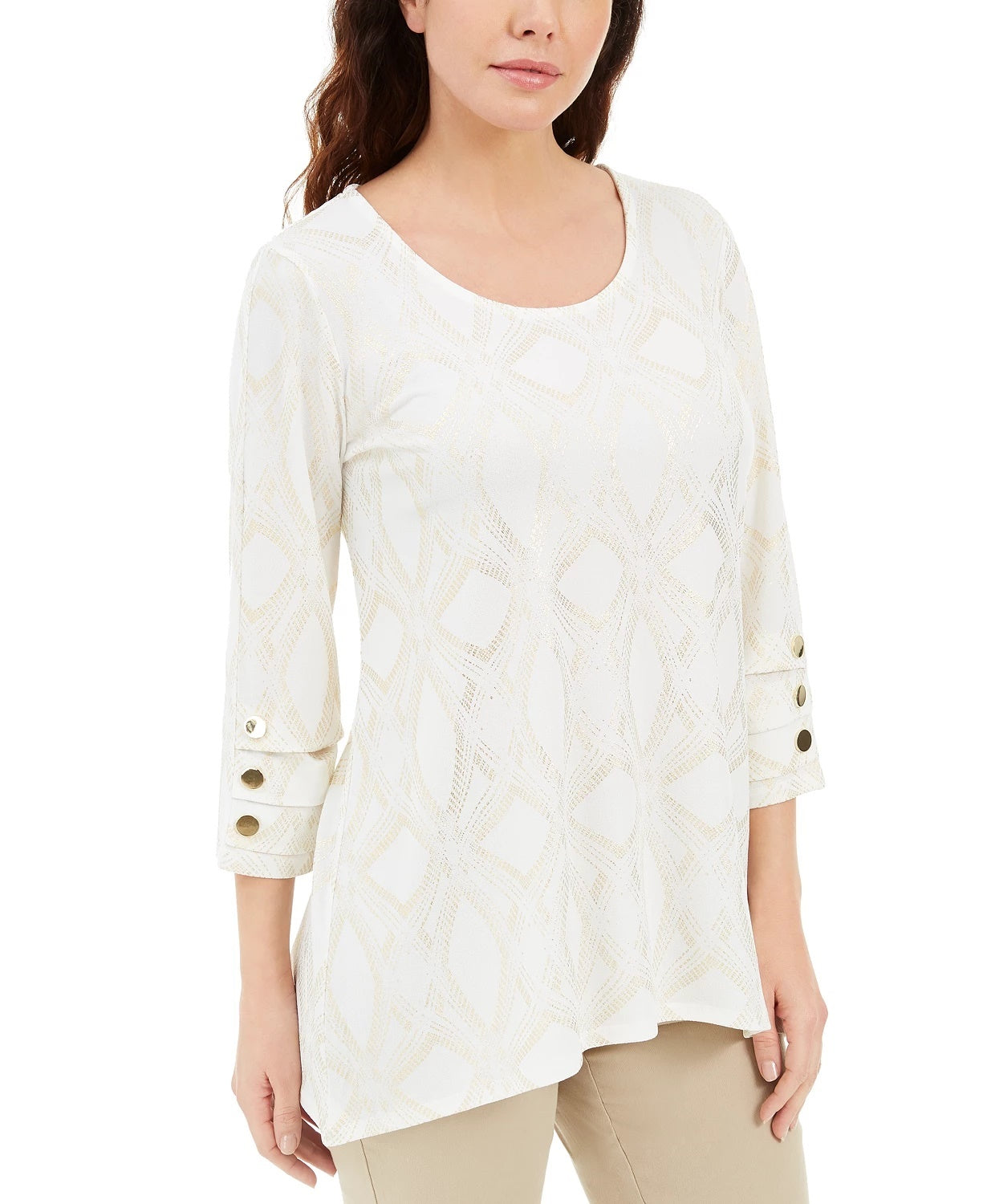 JM Collection Blusa feminina com estampa metálica e botões, branca, tamanho grande