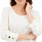 JM Collection Blusa feminina com estampa metálica e botões, branca, tamanho grande