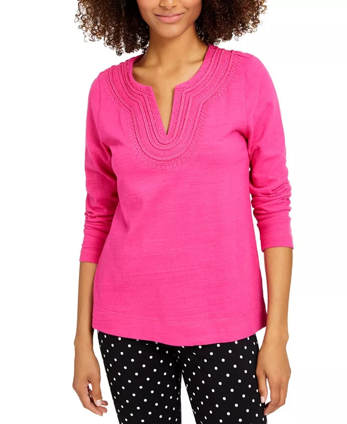 Camiseta feminina Charter Club de algodão bordada, rosa escuro, tamanho XX-G