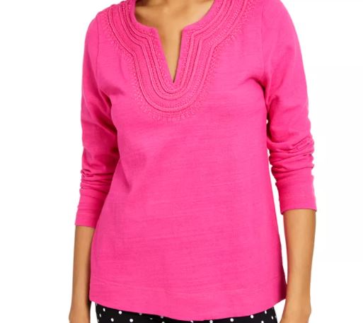 Camiseta feminina Charter Club de algodão bordada, rosa escuro, tamanho XX-G
