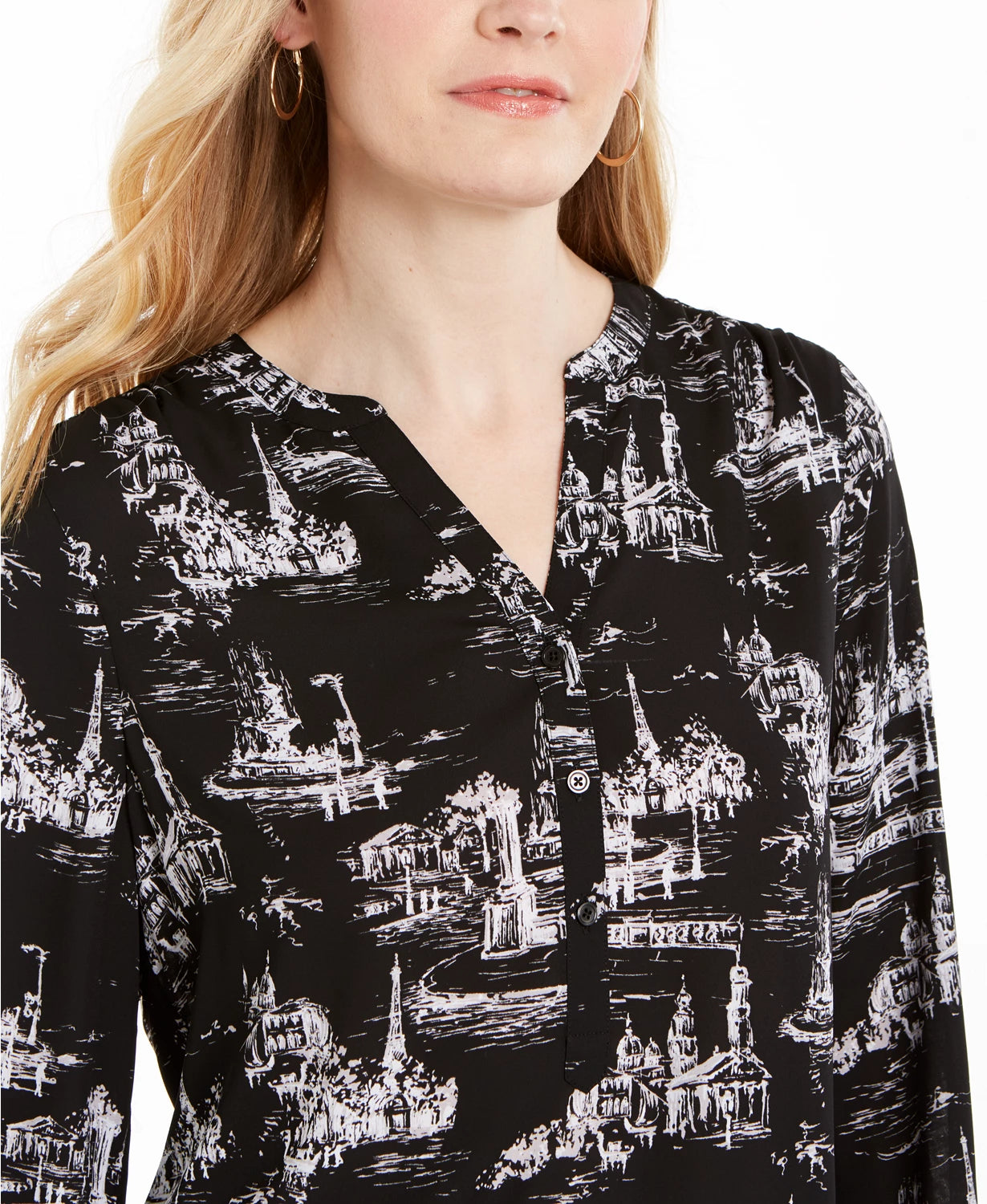 Top feminino estampado com decote dividido, preto, tamanho grande
