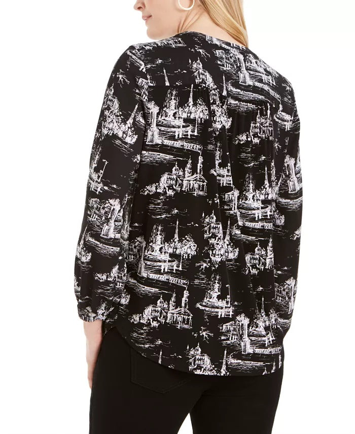 Top feminino estampado com decote dividido, preto, tamanho grande