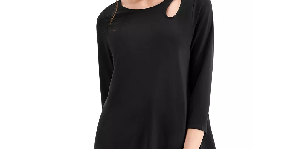 Blusa feminina Alfani com decote em forma de fechadura e manga 3/4, preta, tamanho extra grande