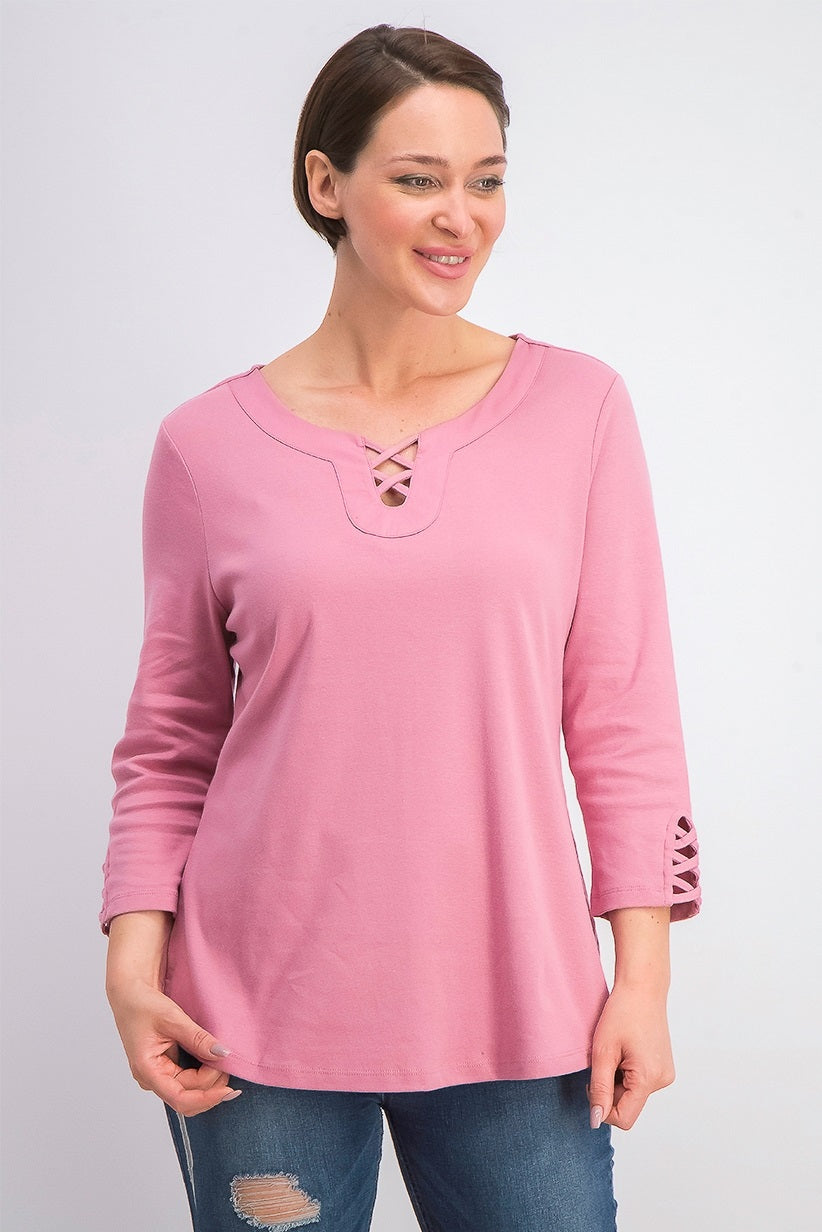 Camiseta feminina Karen Scott de algodão com cadarço, rosa, tamanho pequeno