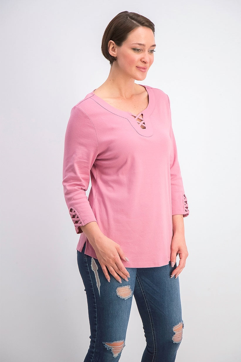 Camiseta feminina Karen Scott de algodão com cadarço, rosa, tamanho pequeno