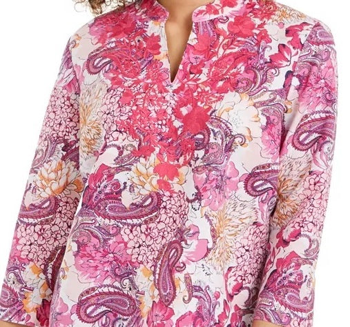 Túnica feminina Charter Club de linho com estampa bordada e decote redondo, tamanho XX-G