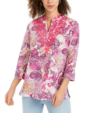 Charter Club Women's Linen Blend Embroidered Neck Printed Tunic Pink Size XX-Large