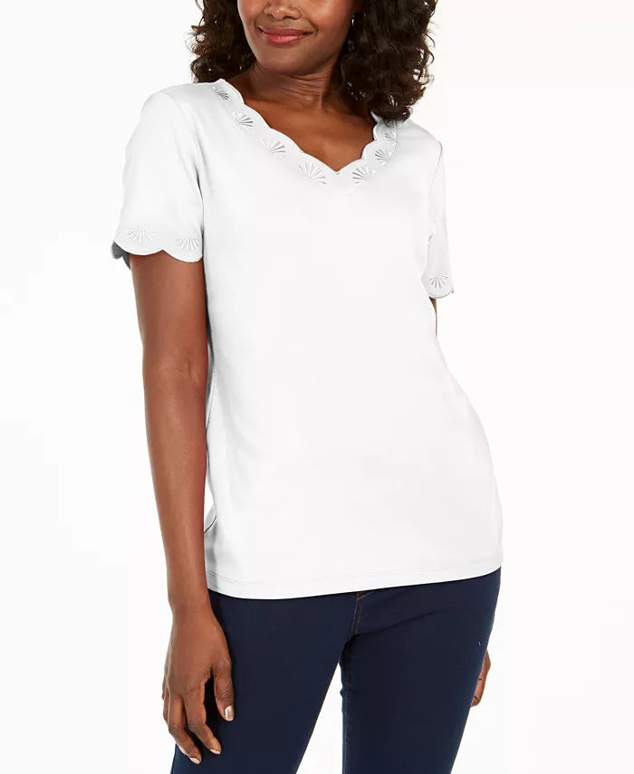 Camiseta feminina Karen Scott de algodão com decote em V e estampa recortada, branca, tamanho XXG