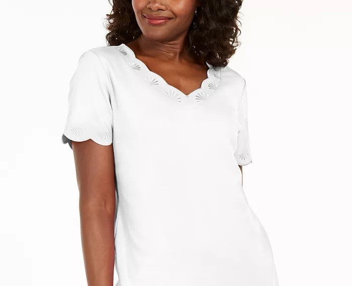 Camiseta feminina Karen Scott de algodão com decote em V e estampa recortada, branca, tamanho XXG