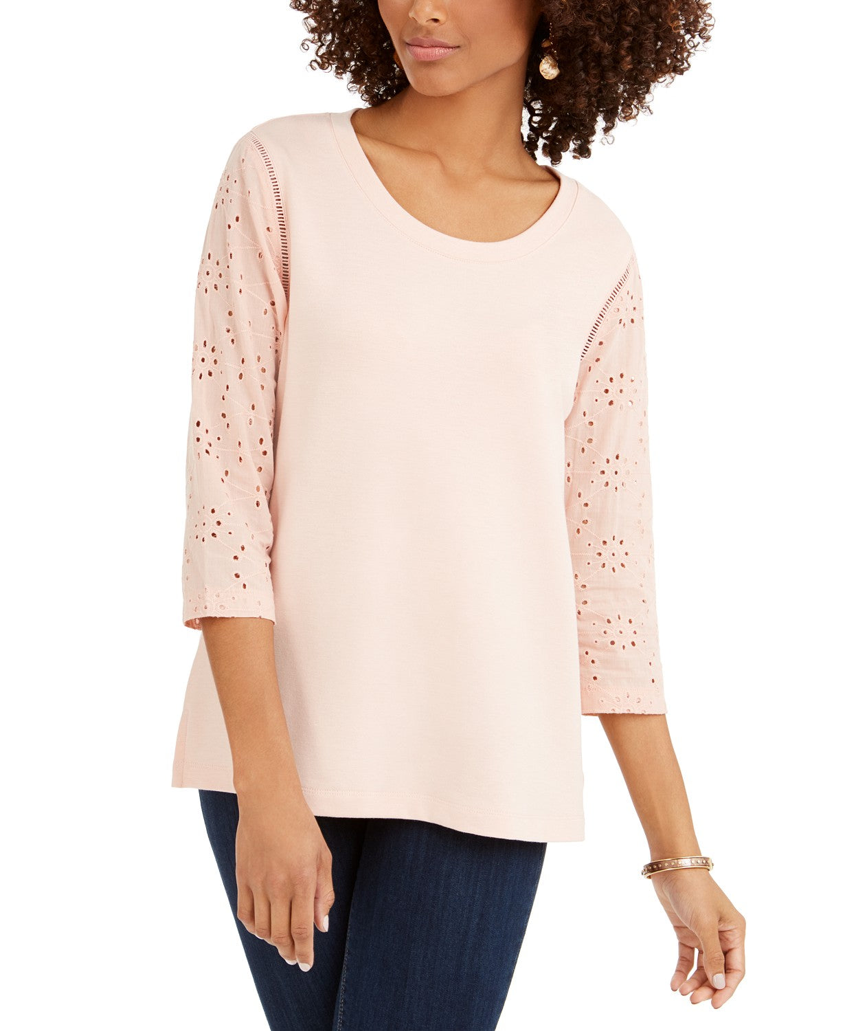 Blusa de algodão com mangas ilhós estilo &amp; co feminina rosa brilhante tamanho grande