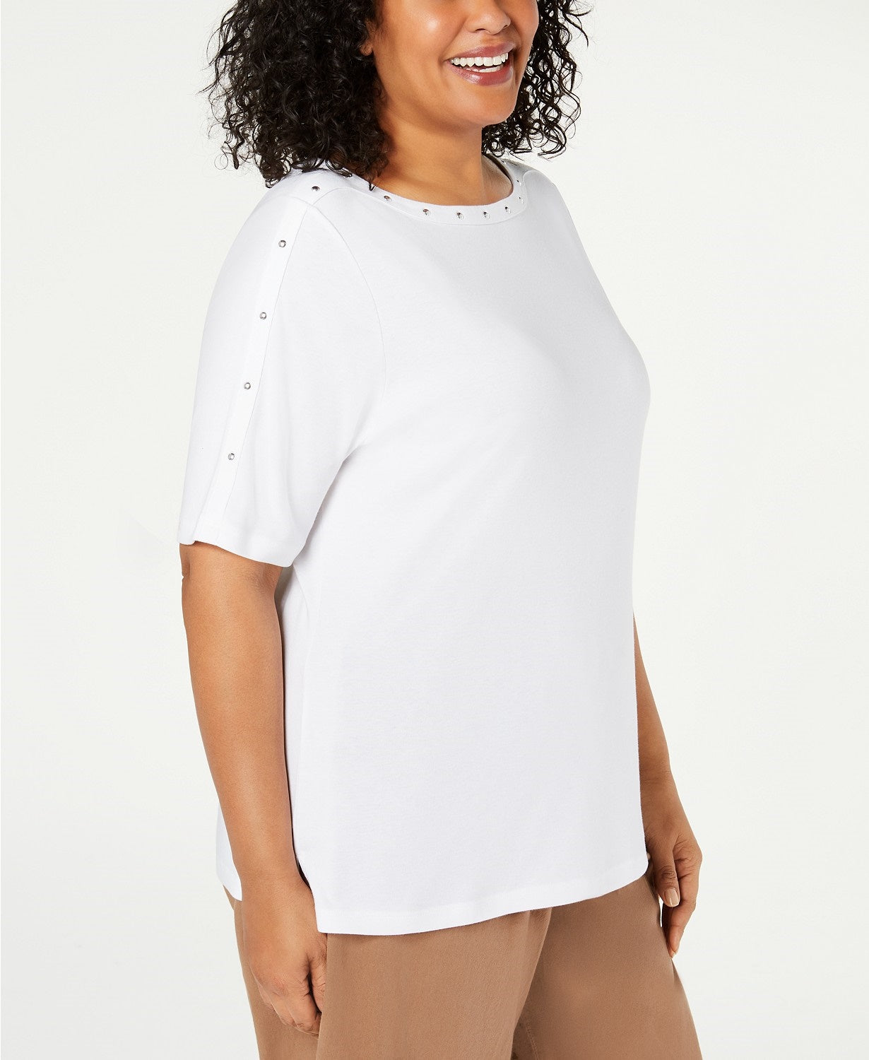 Karen Scott Blusa Feminina Manga Cotovelo com Tachas e Gola Canoa, Branca, Tamanho P