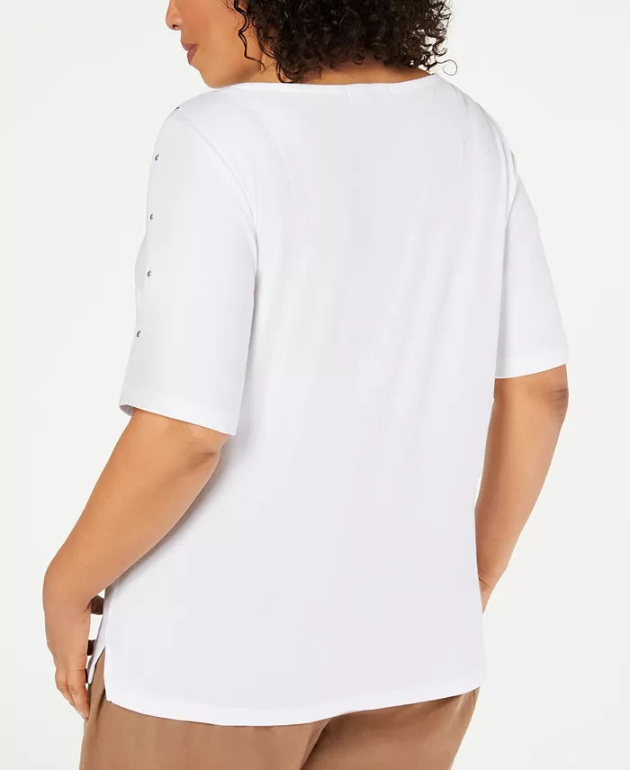 Karen Scott Blusa Feminina Manga Cotovelo com Tachas e Gola Canoa, Branca, Tamanho P