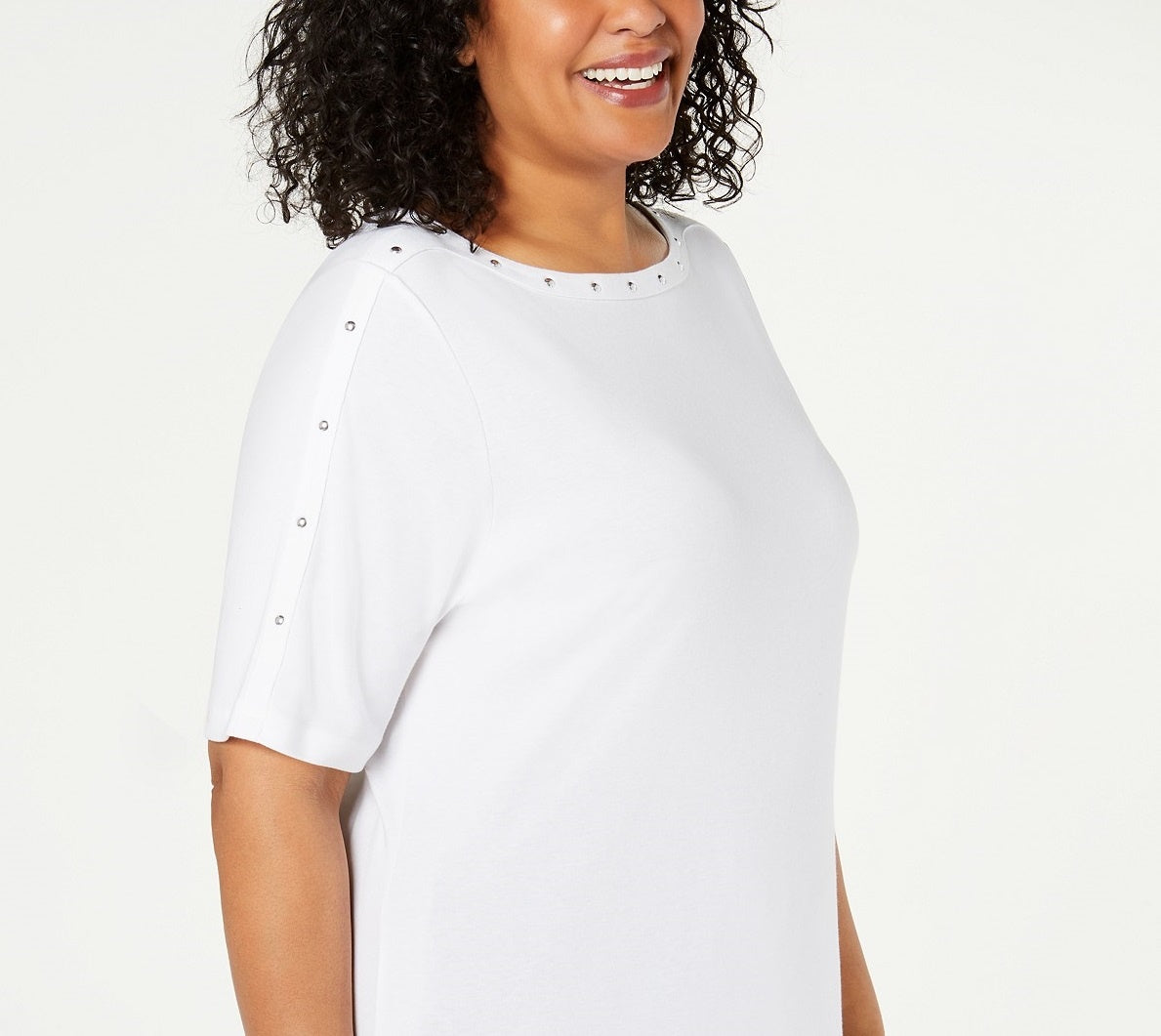 Karen Scott Blusa Feminina Manga Cotovelo com Tachas e Gola Canoa, Branca, Tamanho P