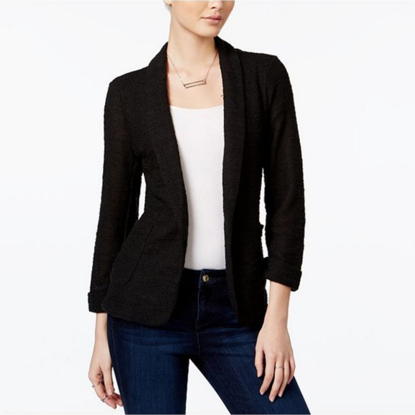 Blazer de malha feminino Maison Jules com manga 3/4, preto, tamanho extra pequeno