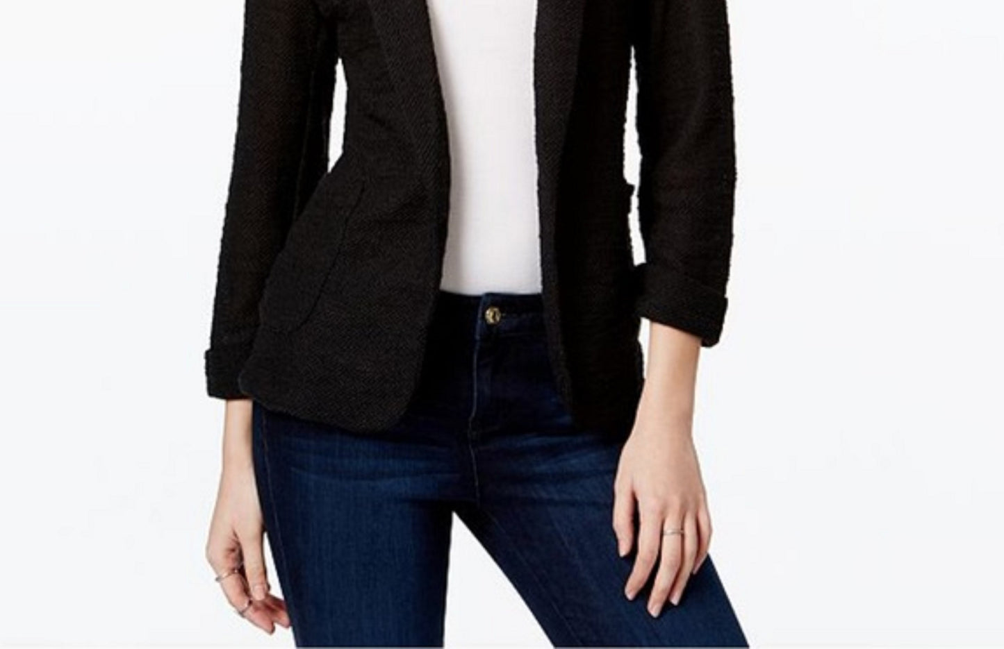 Blazer de malha feminino Maison Jules com manga 3/4, preto, tamanho extra pequeno