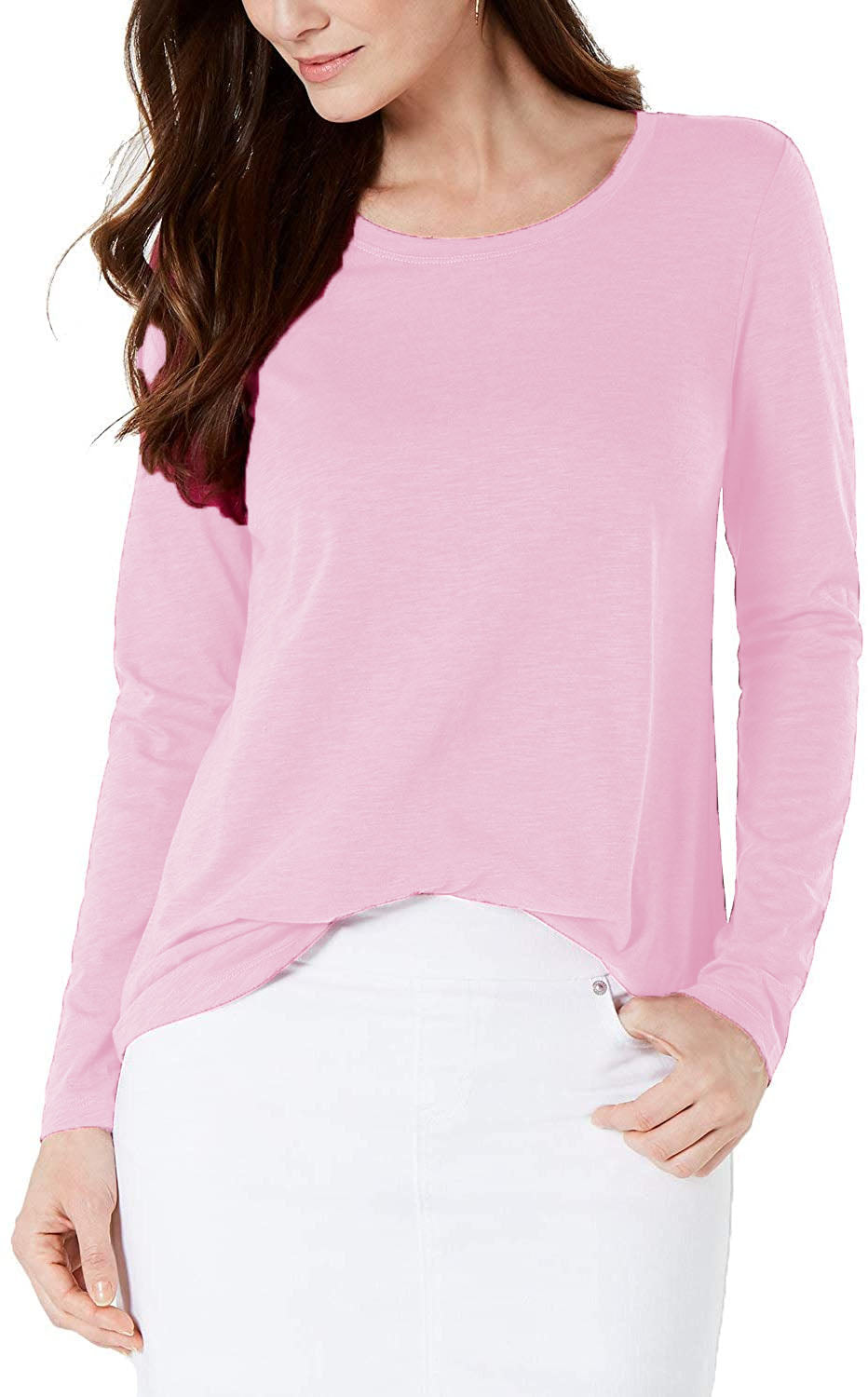 Camiseta feminina estilo Slub de manga comprida, rosa, tamanho pequeno
