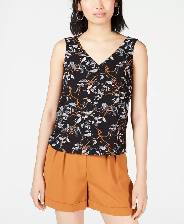 Blusa feminina Bar III estampada sem mangas com decote em V, preta, tamanho médio