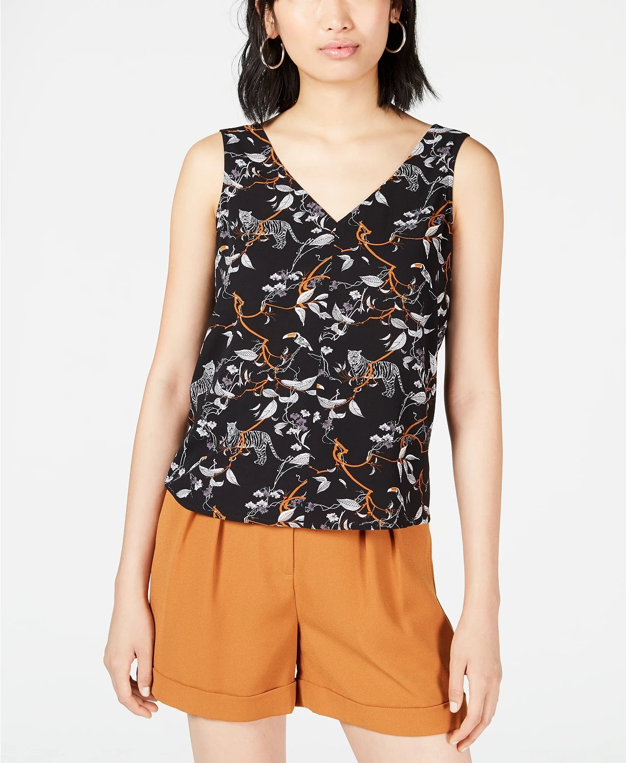 Blusa feminina Bar III estampada sem mangas com decote em V, preta, tamanho extragrande