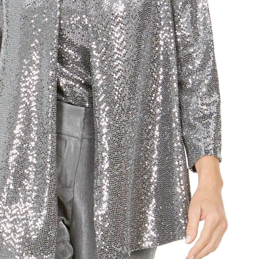 Jaqueta feminina Kasper metálica aberta na frente, tamanho extra pequeno, prateada