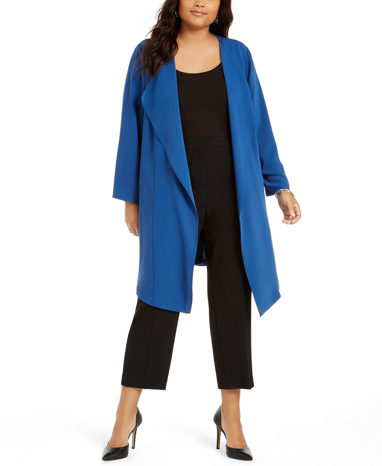 Cardigan feminino plus size Nine West com frente aberta e elástico nas costas, azul médio, tamanho 2X