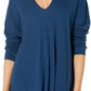 Suéter feminino Anne Klein com decote em V canelado, azul escuro, tamanho 2, extra grande